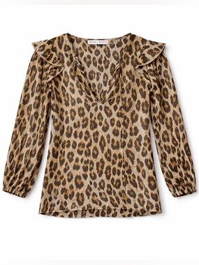 Alice + Olivia Leopard Metallic Blouse XS Sheer Ruffle Boho Chic Top